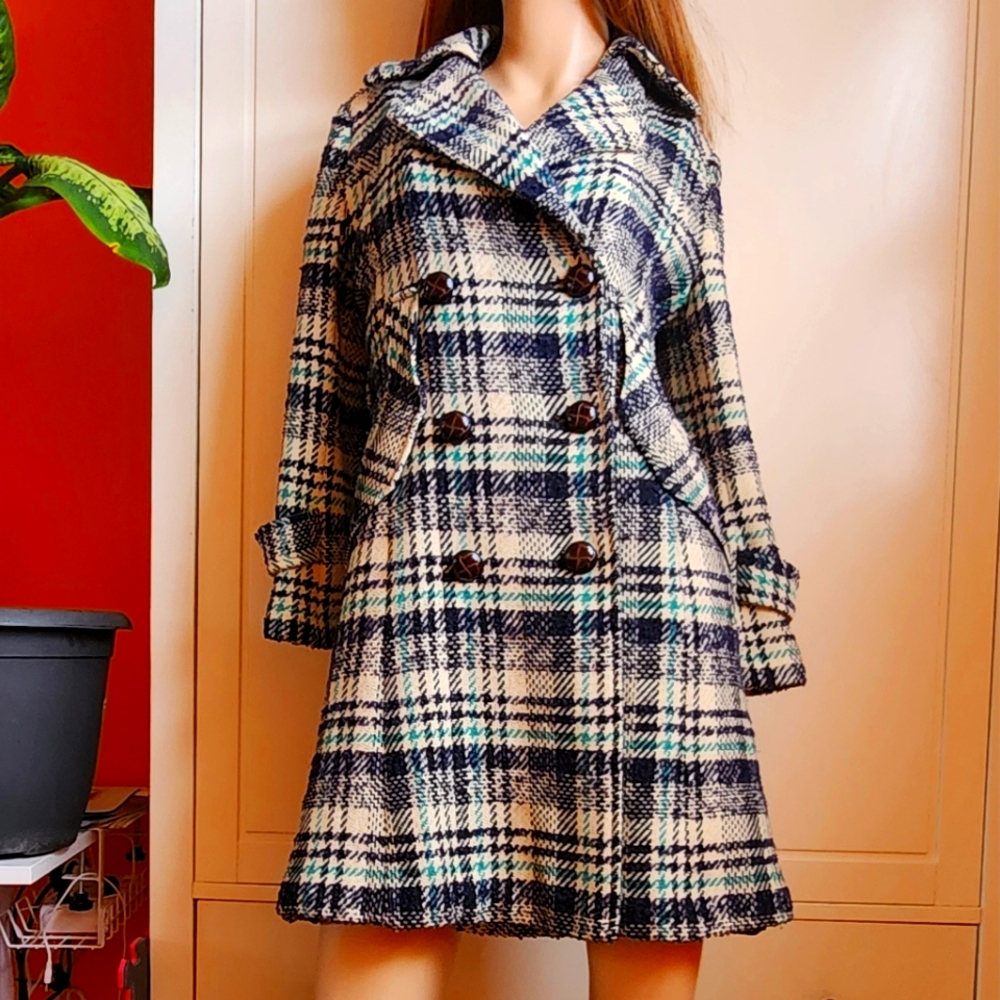 Wool Textured Plaid Trench Pea Lapel Coat Small Estimated Size 2 to 4